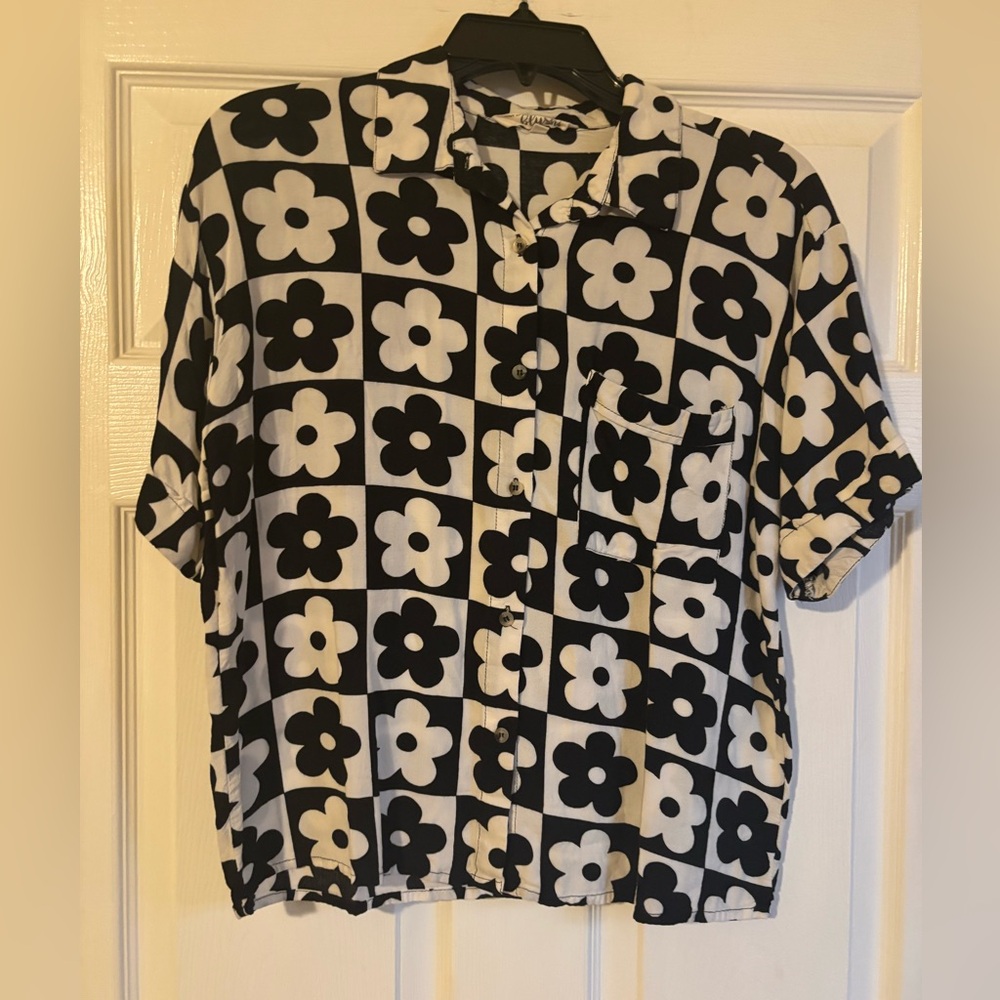 Black & White Floral Check Button-Up Blouse